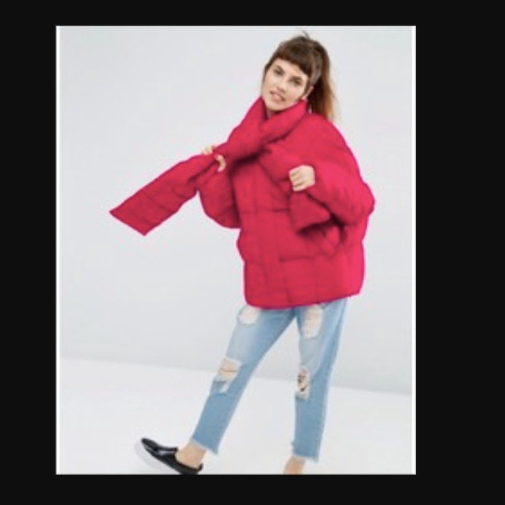 asos puffer jacket with scarf - hot pink
